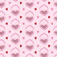Cute and colorful vector seamless hand drawn pattern with cute heart shaped box of chocolates and hearts. Valentine's day illustrations. For wrapping paper, bedclothes, notebook, packages, gift paper