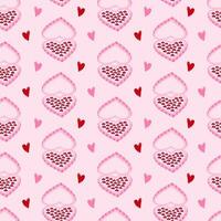 Cute and colorful vector seamless hand drawn pattern with cute heart shaped box of chocolates and hearts. Valentine's day illustrations. For wrapping paper, bedclothes, notebook, packages, gift paper