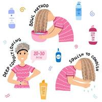 diseño concepto con proceso de pelo hidratante y cosmético productos para Rizado niña método. mujer condición ondulado, ondulado cabello. Rizado pelo rutina - cuenco método, profundo acondicionamiento, chapotear a condimento vector