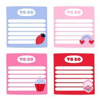 Cute scrapbook templates for planner. Notes, to do, to buy, to read with illustrations about love, romance, Valentine's day. With printable, editable illustrations. For school and university schedule vector