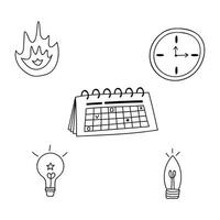 Set of business icons in doodle hand drawn style about planning business project, duration of it, time and deadline for tasks, different brilliant ideas. Isolated on background. vector