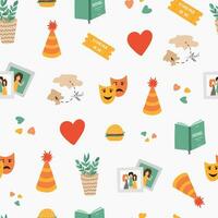 Cute and colorful vector seamless hand drawn pattern with photo, novel, party hat, heart, hamburger, houseplant, theater mask, travel. Can be used for wrapping paper, bedclothes, notebook, packages