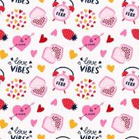 Vector seamless hand drawn pattern with heart pierced by arrow, strawberry, heart shaped box of chocolate. Valentine's day illustrations. For wrapping paper, bedclothes, notebook, packages, gift paper