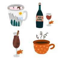 Hygge hand drawn set of cozy autumn clip arts with seasonal drinks. Cup of coffee, ceramic mug with cacao and marshmallows, bottle and glass of red wine, hot mulled wine with cinnamon and cloves. vector