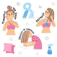 Different ways to save curls and waves after sleeping. Design concept with process of refresh for Curly Girl Method and accessories for it. Curly hair routine - silk scarf, top knot bun, spray. vector