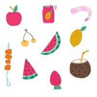 Cute and funny doodle set of summer fruits, berries. Food and beverages in the hot vacation. Vector clipart illustration isolated on the background. Colorful doodles with hand drawn outline.