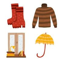 Set of cozy autumn symbols. Window with rain behind and books, lamp on the windowsill, funny umbrella, rubber boots, knitted woolen warm sweater. Hygge hand drawn illustration isolated on background. vector