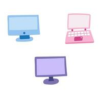 Set of cute hand drawn cartoon computers for business. Monitor, laptop with keyboard. Device for office, working at home or at cafe. Colorful vector clipart illustration isolated on the background.