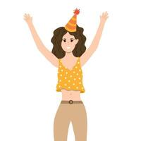 joven Rizado dama en de moda parte superior y fiesta sombrero sonriente y creciente mano arriba. concepto de contento mujer quien tiene divertido a el fiesta. hembra personaje demostración positivo gesto. felicidad emociones, idioma. vector