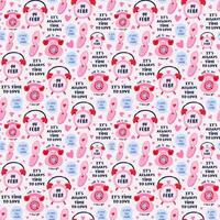 Vector seamless hand drawn pattern with retro flip mobile with message bubble, retro phone, alarm o'clock, lettering. Valentine's day illustrations. For wrapping paper, bedclothes, notebook, packages