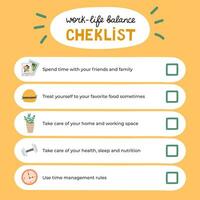 Cute work-life balance checlkist. Scrapbook templates for planner with colorful illustrations about work life balance. With printable, editable illustrations. For school and university schedule. vector