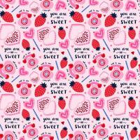 Vector seamless hand drawn pattern with strawberry, lollipop, strawberry, lettering, heart shaped box of chocolates. Valentine's day illustrations. For wrapping paper, bedclothes, notebook, packages