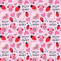 Vector seamless hand drawn pattern with strawberry, lollipop, strawberry, lettering, heart shaped box of chocolates. Valentine's day illustrations. For wrapping paper, bedclothes, notebook, packages