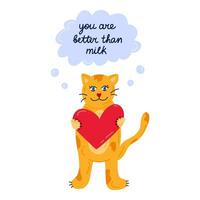 Cute cat with heart. Kitty holds big heart in the paws and hands it to you. Concept of love, romance, tenderness. For Valentine's day card, sticker, social media, scrapbook. Hand drawn vector clipart