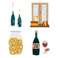 Set of hygge autumn home decor for coziness. Jar with a ligted garland, candles in a candlestick of a bottle, window with rain behind and books, lamp on the windowsill, bottle and glass of red wine. vector