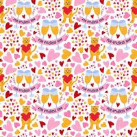 Cute and colorful vector seamless hand drawn pattern with clink champagne glasses, cat with heart in the paws. Valentine's day illustrations. For wrapping paper, bedclothes, notebook, packages, gift