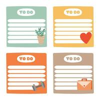 Cute scrapbook templates for planner - notes, to do, to buy and other with colorful illustrations about work life balance. With printable, editable illustrations. For school and university schedule. vector