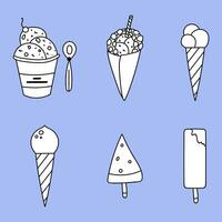 Cute and simple ice cream doodle set. Cold dessert for summer hot days. Vector illustration isolated on the background. Colorful clipart with hand drawn outline. Different shapes of ice cream.