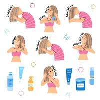 Set of different ways for putting styling and conditioning products for Curly Girl Method and cosmetic bottles - leave in, protein, cream, foam, gel, custard. Hair care process for curls and waves. vector