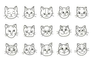 Vector set of cute cats faces close up with different emotions of happy, sad, angry, embarrassed, insidious, arrogant, playful, laughing, etc. Trendy stylized doodle with hand drawn vector outline.