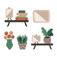 Cartoon set of bookshelf with books, plants in the pot or vase, picture frames. Decor for living room interior in boho style. Hand drawn vector illustration in beige, green colors. Retro home inside.