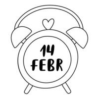 Trendy alarm o'clock with date of 14 of February on clock face, dial. Hand drawn vector doodle. Concept of love, romance, holiday, 14 of February. For Valentine's day card, sticker, media, scrapbook.