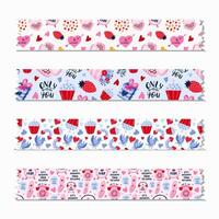 Set of cute washi tape strips with Valentine's day pattern about love, romance. Decorative scotch tape with shadow and ragged edges. Isolated editable vector. For scrapbook, planner, notebook, craft. vector