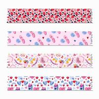 Set of cute washi tape strips with Valentine's day pattern about love, romance. Decorative scotch tape with shadow and ragged edges. Isolated editable vector. For scrapbook, planner, notebook, craft. vector