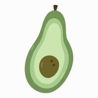 Flat illustration with green ripe avocado cut into two pieces. Vector hand drawn clipart isolated on background. Vegetarian and vegan food. Healthy farm product. Healthy eating and diet concept.