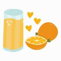 Freshly squeezed orange juice with half of orange. Beverage for breakfast. Vegetarian, healthy drink. Popular products. Vector hand drawn clipart in trendy naive style. Cute illustration isolated.