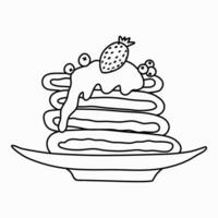 Hand drawn doodle plate with pancakes with jam in naive style. Stacks of tasty hot pancakes with jam, strawberry and blueberry, Traditional American breakfast or brunch with berries and toppings vector
