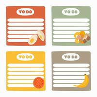 Set of cute scrapbook templates for planner notes, to do, to buy and other with illustrations about healthy breakfast. With printable, editable illustrations. For school and university schedule vector
