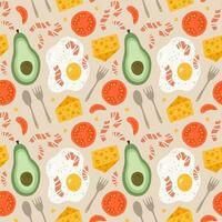 Cute and colorful vector seamless hand drawn pattern with avocado, fried egg with bacon, cheese, tomato, spoon and fork. Can be used for wrapping paper, bedclothes, notebook, packages, gift paper.