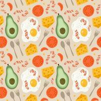 Cute and colorful vector seamless hand drawn pattern with avocado, fried egg with bacon, cheese, tomato, spoon and fork. Can be used for wrapping paper, bedclothes, notebook, packages, gift paper.