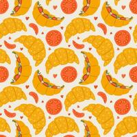 Cute and colorful vector seamless hand drawn pattern with heart, almond croissant, tomato and croissant with ham and salad. Can be used for wrapping paper, bedclothes, notebook, packages, gift paper.