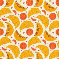 Cute and colorful vector seamless hand drawn pattern with heart, almond croissant, tomato and croissant with ham and salad. Can be used for wrapping paper, bedclothes, notebook, packages, gift paper.