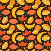 Cute and colorful vector seamless hand drawn pattern with fresh fruits - banana, half of orange, strawberry and hearts. Can be used for wrapping paper, bedclothes, notebook, packages, gift paper.