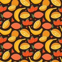 Cute and colorful vector seamless hand drawn pattern with fresh fruits - banana, half of orange, strawberry and hearts. Can be used for wrapping paper, bedclothes, notebook, packages, gift paper.