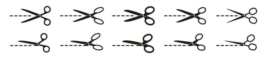 Scissors icon set. Scissors with cut lines. Vector illustration.