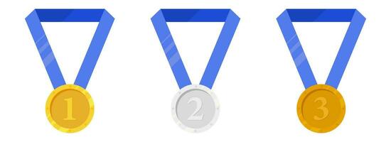 Gold, silver, bronze medals with blue ribbon flat vector icons