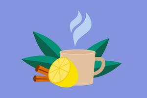 Hot mug of tea with lemon and cinnamon. Vector