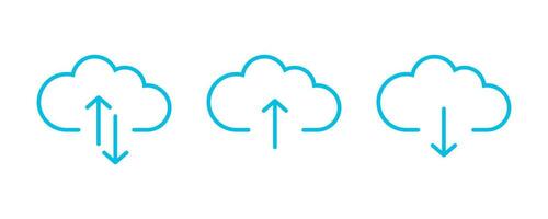 Blue cloud with arrow icon set.  Collection cloud with arrow line icon. Vector illustration