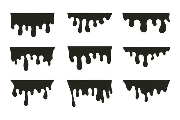 Black dripping paint, melting chocolate or drip oil. Flat vector illustration of splash ink flows