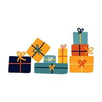 Hand drawn mountain of wrapped gift boxes. Concept of sharing, gifting, receiving gift, surprise. Present for Christmas, birthday, Valentine, party, other holiday. Isolated stylized vector clipart.