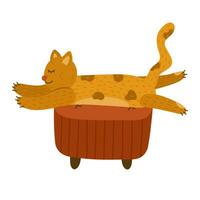 mullido soñoliento gato descansando en cómodo sofá. linda gatito personaje acostado en gracioso pose. kawaii perezoso gatito es Perfecto para imprimir, pegatinas, camisetas, saludo tarjeta. mano dibujado vector ilustración.