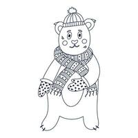 Cute winter bear with blush on the cheeks in warm scarf, mittens, hat. Hand drawn vector doodle. Concept of winter, holiday. Christmas. For baby shower, birthday, kids's party, greeting card.