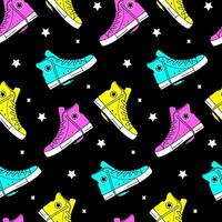 Seamless vector pattern of sneakers on the theme of the 80s 90s 00s for clothing, print, packaging. Bright acid colors.