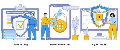 Online Security, Password Protection, Cyber Defense Concept. Digital Fortress Abstract Vector Illustration Set. Shielding, Fortifying, Guarding Personal Information Metaphor