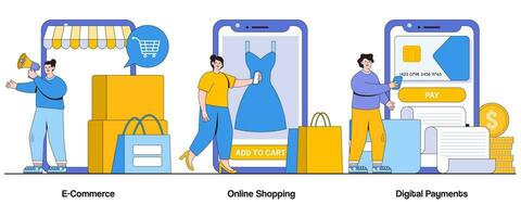 E-Commerce, Online Shopping, Digital Payments Concept with Character. Virtual Marketplace Abstract Vector Illustration Set. Convenience, Global Reach, Seamless Transactions Metaphor