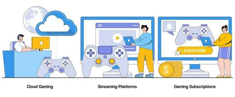 Cloud Gaming, Streaming Platform, Gaming Subscription Concept with Character. Gaming on Demand Abstract Vector Illustration Set. Accessibility, Multi-Platform Gaming, Endless Gaming Library Metaphor